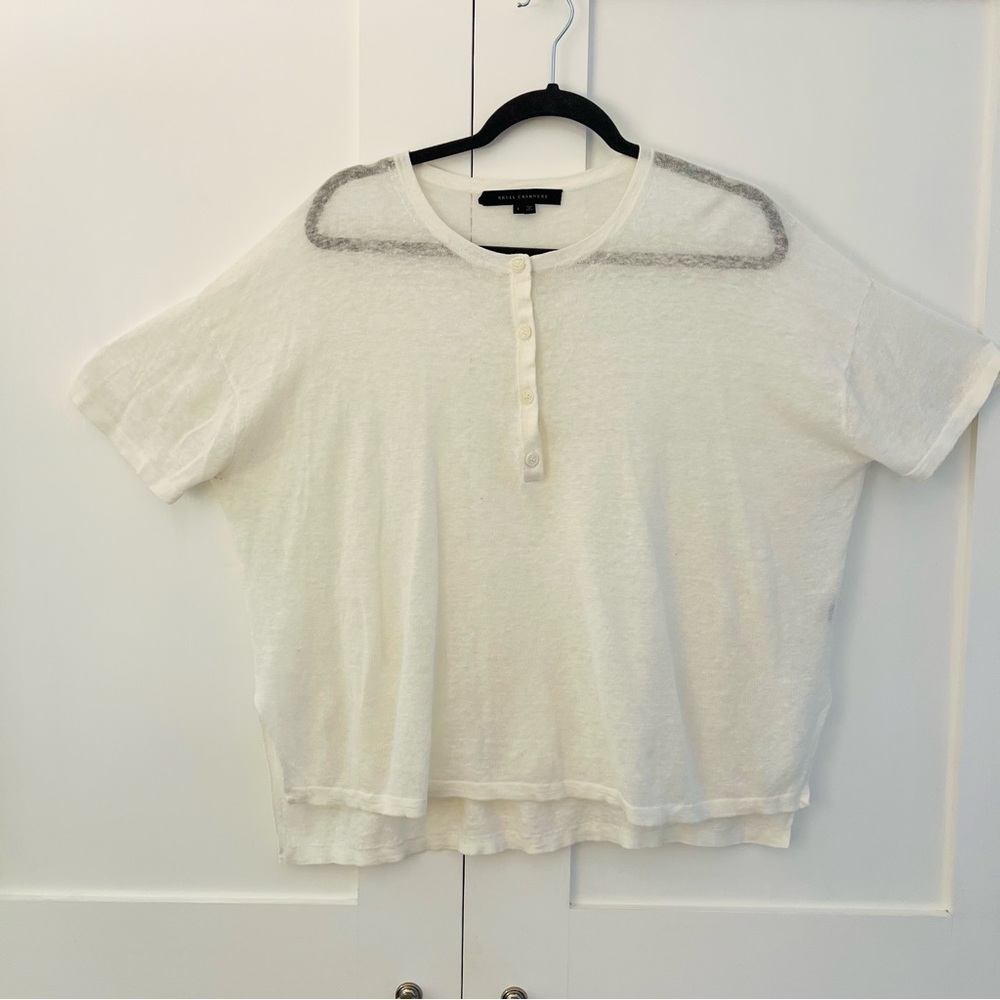 Skull Cashmere Linen Knit “Penelope” Short Sleeve Henley top.